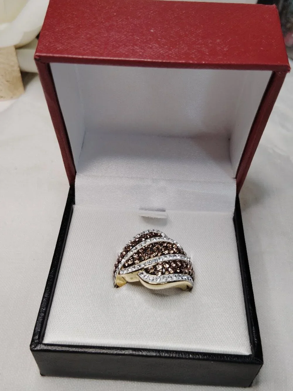 Vintage 8K Gold Electroplated Chocolate Rhinestone Ring • Size 6.5 • NIB